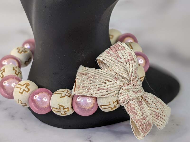 Pink and Wood Cross Bracelet