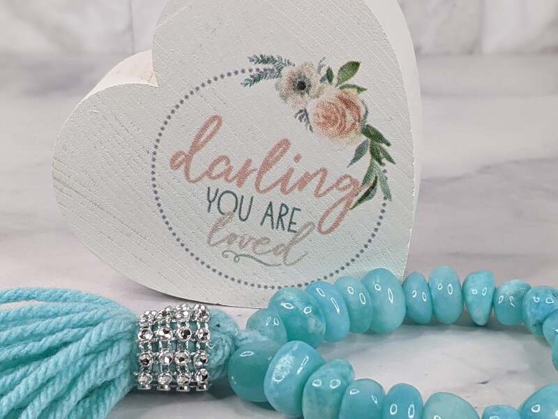 Aqua Tassel Bracelet with Loved Heart