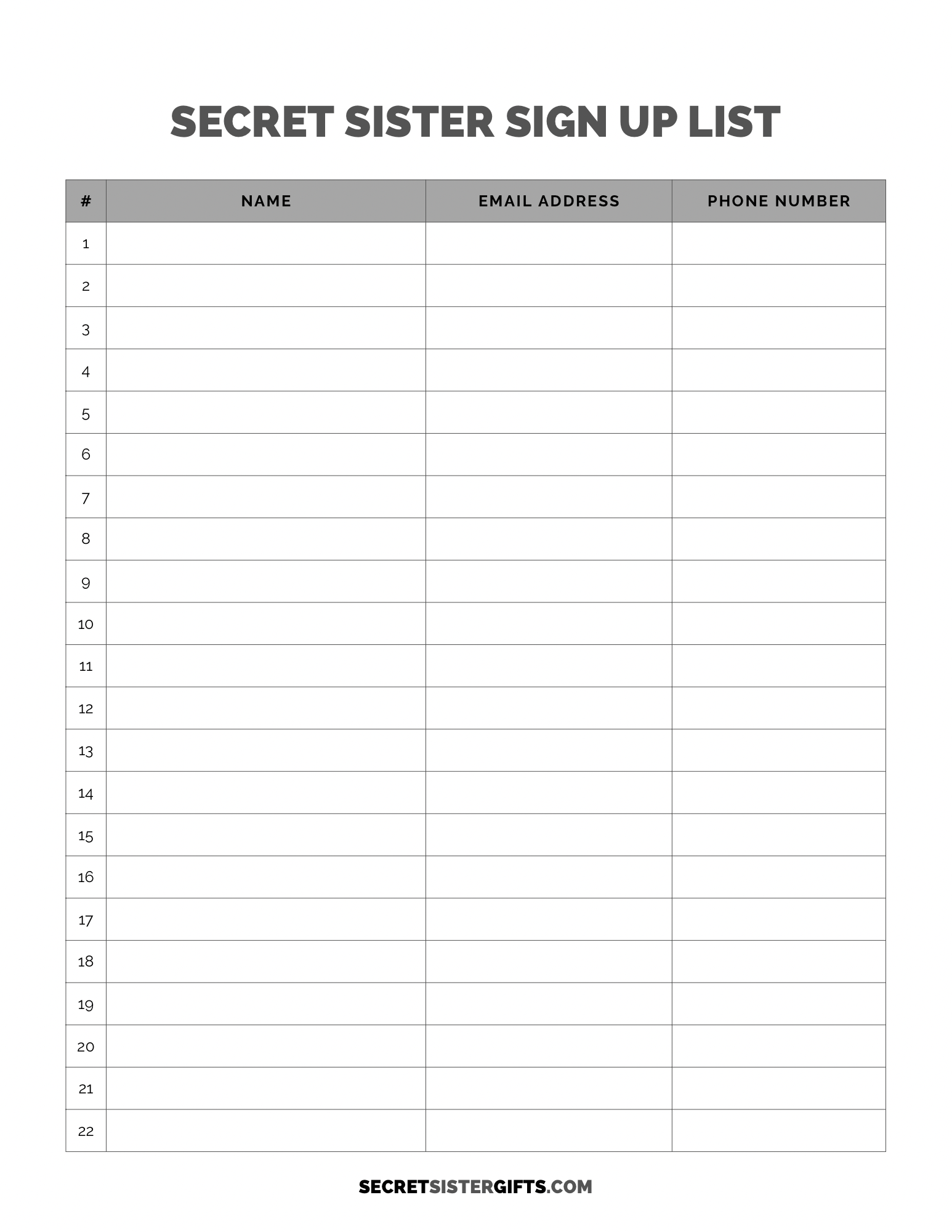 Secret Sister Sign Up List - Free Printable