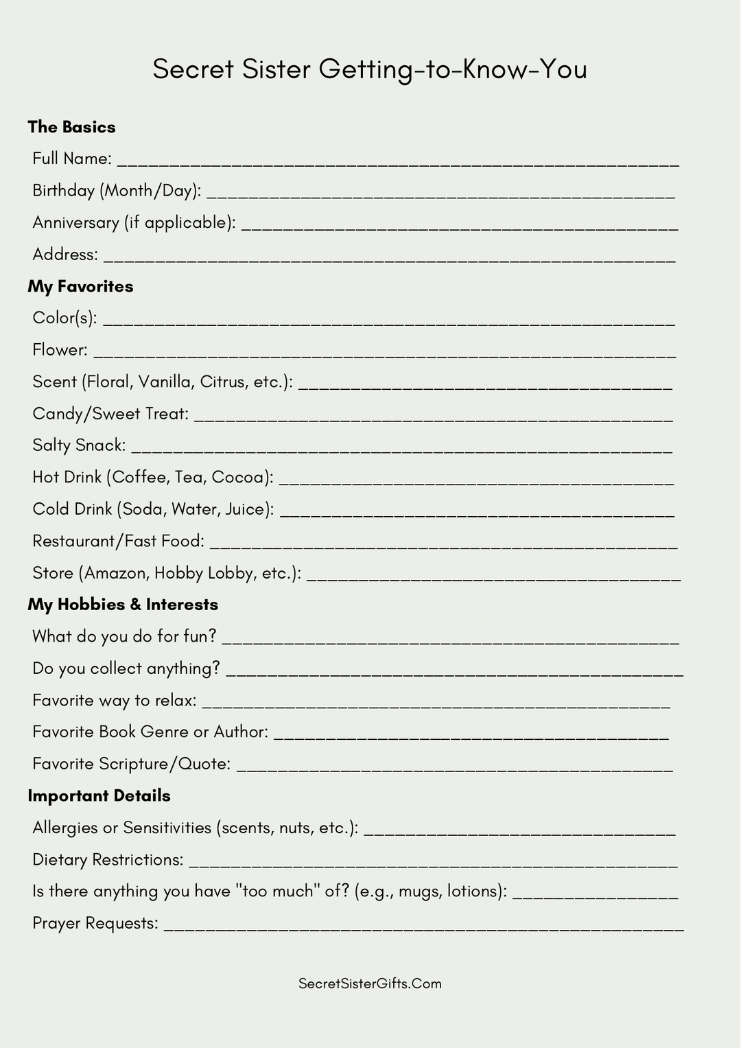 Secret Sister Getting-to-Know-You Questions - Printable Form Questionnaire